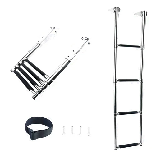 DasMarine 4 Step Pontoon Boat Ladder, 316 Stainless Steel Telescoping Extendable Dock Ladder, 900 Pound Capacity Folding Dive Ladder for Marine Yacht/Swimming Pool (Standard Width, 4 Step)