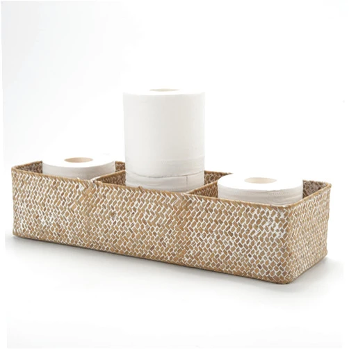 DECRAFTS Seagrass Tank Basket for Toilet Paper 3 Sections Woven Storage Basket with Large Compartment Whitewash (16.5inch x 5.5inch x 3.5inch)