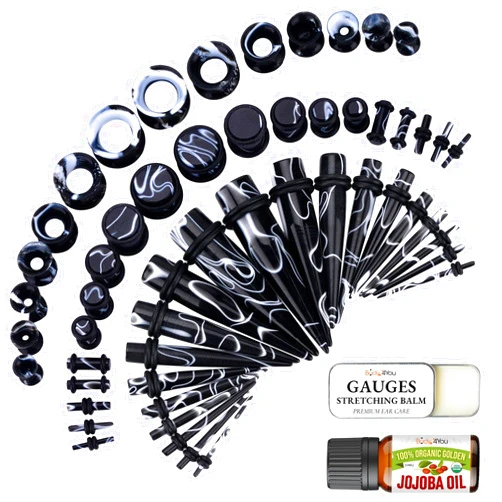 BodyJ4You 48PC Ear Stretching Kit 14G-00G - Aftercare Jojoba Oil Balm Wax - Marble White Black Acrylic Plugs Gauge Tapers Silicone Tunnels - Lightweight Expanders Men Women
