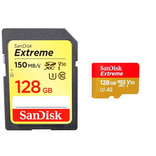 SanDisk 128GB Extreme SDXC UHS-I Memory Card & 128GB Extreme microSDXC UHS-I Memory Card with Adapter - Up to 190MB/s, C10, U3, V30, 4K, 5K, A2, Micro SD Card - SDSQXAA-128G-GN6MA 128GB Card + 128GB Memory Card