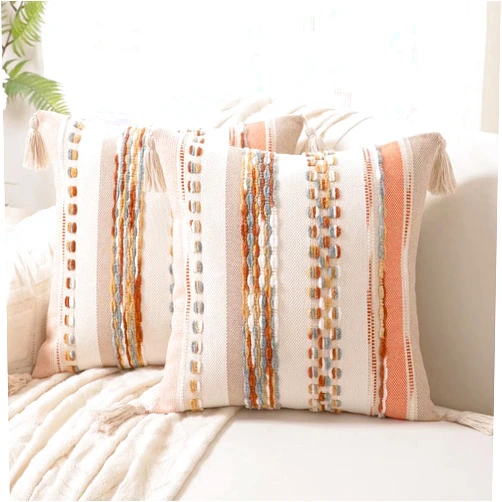 WANLIRD Boho Throw Pillow Covers 18x18 Set of 2 Woven Tufted Farmhouse Pillows Cover with Tassels Textured Striped Cushion Case Neutral Pillow Cases Decorative Pillowcase for Sofa Couch Bed,Orange