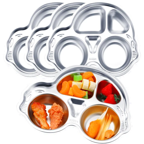 Tioncy 4 Pcs Stainless Steel Kids Plates 4 Sections Divided Plates Unbreakable Dinner Plates Cute Car Shape Stainless Steel Plate for Babies, Toddlers and Kids Lunch, Portion Control, Camping
