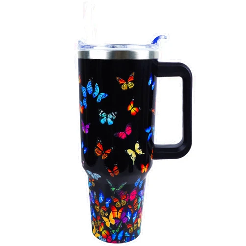 PERRIFIC Butterfly Tumbler 30 oz Tumbler with Handle and Straw Lid Leak Proof,Butterfly Coffee Travel Mug with Handle Insulated for Hot and Cold Drink Ice,Mother's Day Birthday Butterfly Gifts for Women Cup