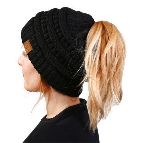 Funky Junque Women's Beanie Ponytail Messy Bun BeanieTail Solid Ribbed Hat Cap