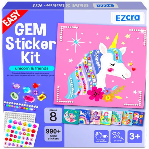 EZCRA Easy Arts and Crafts for Kids - Fun Gem Sticker Kit - 8 Unicorn Princess Themes, 990+ Stickers - Gem Art for Kids - Diamond Art Kits for Kids - Toys for Boys and Girls Age 3,4,5,6,7,8