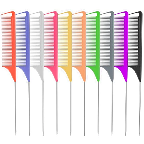 FIRSTPELLA 10 PCS Rat Tail Combs Set - Hair Teasing Fine Tooth Comb for Women Girls, Parting Comb for Braiding Hair Styling Tools & Appliances with Stainless Steel Pintail Carbon Fiber Heat Resistant