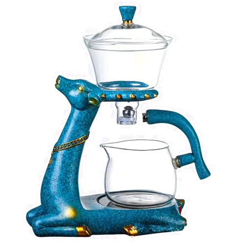 Mozeo Heat-resistant Kungfu Glass Tea Set with Heater Attract Water Diversion Rotating Cover Bowl Lazy Semi-Automatic Deer Glass Teapot (blue deer without tea cups)