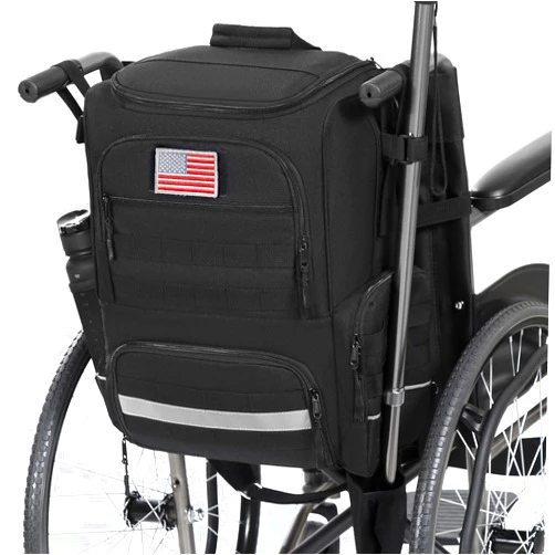 BISKLNDN Wheelchair Backpack, Wheelchair Bag to Hang on Back with Thermal Insulation Pocket, Electric Wheelchair Accessories Bag with Crutches Pockets for Adults & Seniors