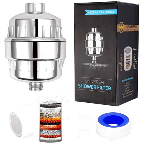 JZFL 15 Stage Shower Filter with Vitamin C Shower Filters for Hard Water Unique Coconut Shell Activated Carbon Best Removes Chlorine Fluoride Heavy Metals（ Add another same filter element） (chrome)