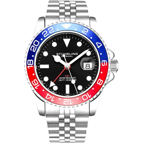 Stuhrling Original Men's Stainless Steel Jubilee Bracelet GMT Watch Quartz, Dual Time, Quickset Date with Screw Down Crown, Water Resistant up to 10 ATM