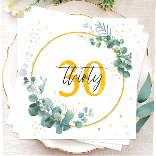 Wentsent Sage Green 30th Birthday Napkins for Women Men, Happy 30th Birthday Gold Napkins Eucalyptus Napkins Serviettes for Birthday Anniversary Cocktail Party Decoration