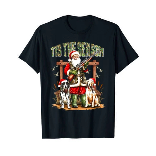 Funny Camo Santa Christmas Hunting Tee Camo Santa Tis The Season Hunter Christmas Hunting Dogs Boys T-Shirt