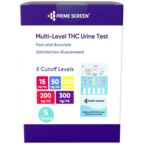 Prime Screen Multi Level Marijuana(THC) Urine Test Kit. Highly Sensitive THC 5 Level Drug Test Kit. Detects at 15 ng/mL, 50 ng/mL, 100 ng/mL, 200 ng/mL and 300 ng/mL [5 Pack]