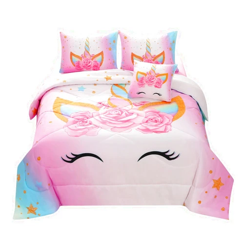JQinHome Unicorn Twin Bedding Sets for Girls Kids,6 Piece Bed in A Bag 3D Colorful Flower Girl Unicorn Comforter Set with Sheet Set