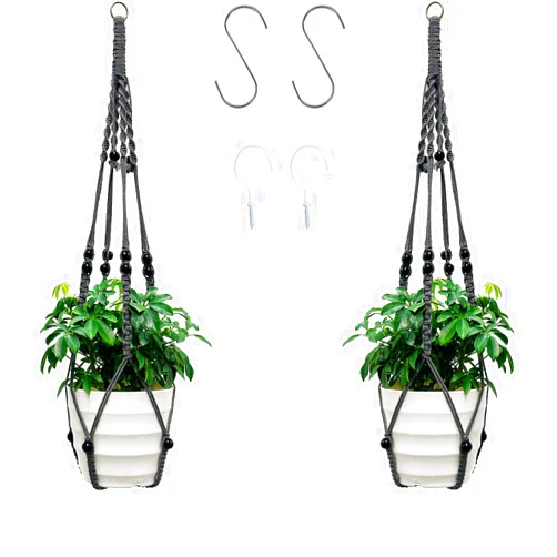 JINRUCHE Macrame Plant Hangers, 43 Inch Woven Rope Hangering Plant Basket Holder Boho Decro with 2 S Hooks and 2 Ceiling Hooks for Indoor Outdoor and Home (Grey, 2 Pcs)