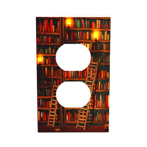 Yamxbfa Vintage Printed Bookshelf Library Books Bookcase 1 Gang Duplex Outlet Covers Decorative Single Light Switch Cover Electrical Receptacle Wall Plate Plug Switchplate for Study Schoolroom Decor