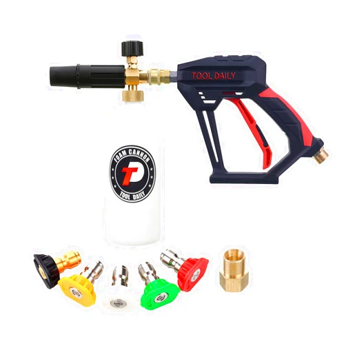Tool Daily Short Pressure Washer Gun with Foam Cannon, 1/4 Inch Quick Connector, with 5 Pressure Washer Nozzle Tips, 1 Liter