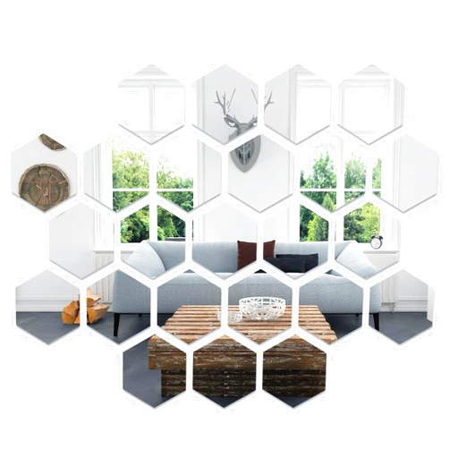 Qjaiune 24Pcs Hexagon Mirror Wall Sticker, Removable Acrylic Mirror Wall Sticker Self Adhesive Honeycomb Mirror Wall Decals, Silver Wall Mirror Tiles for Living Room Bedroom Home Decor (Size 5, 1mm)