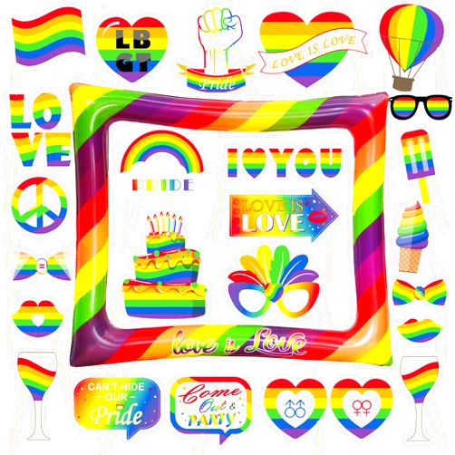 LMSHOWOWO Gay Pride Decorations, LMSHOWOWO 26 PCS Gay Pride Photo Booth Props, LGBTQ Rainbow Inflatable Photo Booth Frame, Love is Love Selfie Props for LGBT Pride Month Rainbow Theme Party Decorations Supplies