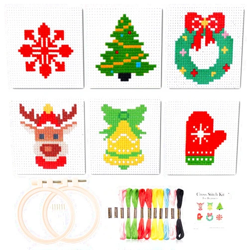 Pllieay Christmas Cross Stitch Beginner Kits for Kids 7-13, Includes 6pcs Project Cross Stitch Pattern and 2pcs Hoops, 14 Skeins Embroidery Floss, Needle Point Starter Kit Sewing Set with Instructions
