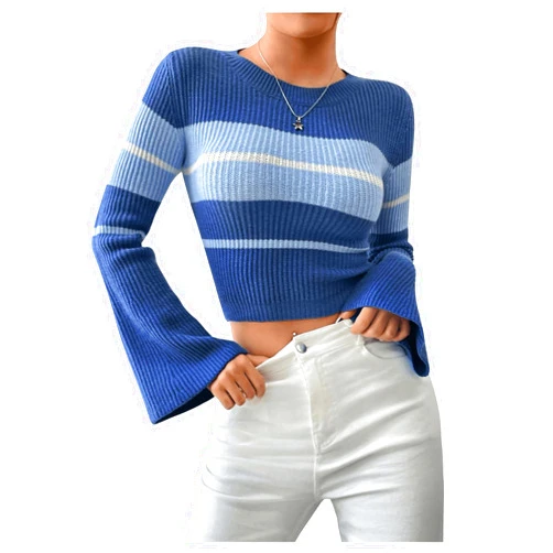 SweatyRocks Women's Color Block Striped Sweater Casual Bell Sleeve Crew Neck Cropped Tops Shirts
