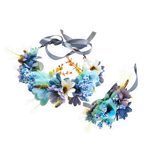 LLinfflr Flower Wreath Crown Boho Flower Headband Floral Halo Headpiece Hair Garland with Wrist Wedding Party Photos Blue