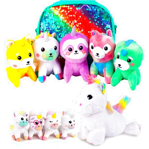 Pomkinz Unicorn Plush Toy Bundle - Gifts for Girls Ages 3-8 - Unicorn Stuffed Animals with Rainbow Purse & Mommy Unicorn with 4 Baby Unicorns for Magical and Cuddly Play