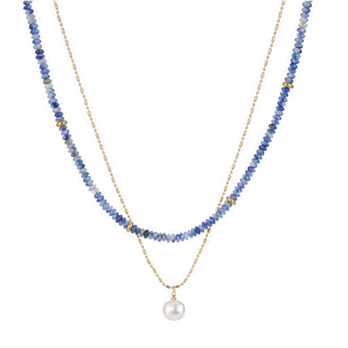 ALYXUY 2Pcs Beaded Gemstone Layered Necklace for Women Colorful Boho Bead Choker Necklace Natural Stone Freshwater Pearl Surfer Beach Necklace 14K Gold Plated Summer Handmade Necklaces Jewelry (KS-6)