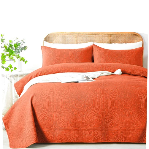 WURUIBO Full/Queen Quilt Set Burnt Orange,Ultrasonic Embossed Bedspread, Lightweight Microfiber Coverlet, Modern Thin Bedding Set for All Season, 3 Piece(1 Quilt,2 Pillow Shams)