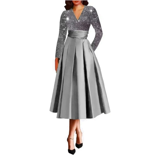 JAKIPPY Mother of The Bride Dresses for Wedding Tea Length Formal Gowns Sequin Satin Prom Dress with Long Sleeve