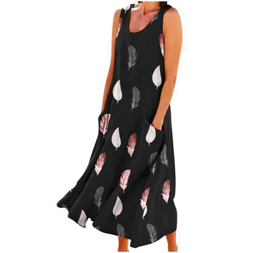 SMIDOW Women's Summer Cotton Linen Long Dress Sleeveless Elegant Flowy Dresses Plus Size Loose Comfy Dress with Pockets
