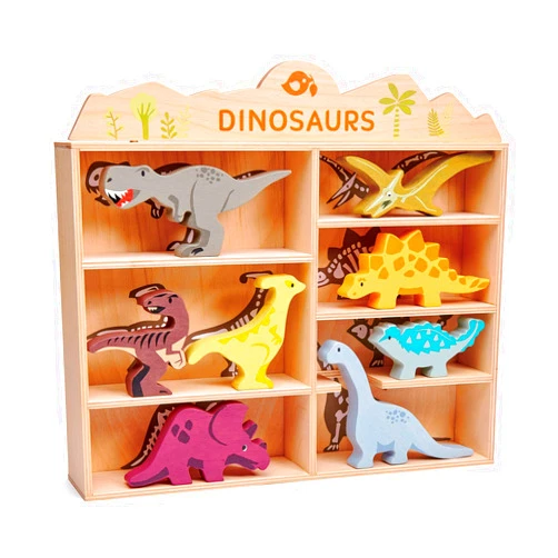 Tender Leaf Toys Dinosaur Animals – 8 Wooden Prehistoric Figurines with a Display Shelf - Classic Toy for Pretend Play – Develops Creative & Imaginative Skills – Learning Role Play – Ages 3+ Years