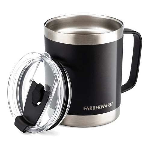 Farberware Stainless Steel Mug With Lid And Handle, 12 Hrs Cold, 6 Hrs Hot, Double Wall Insulated, Sweat Free Design, Dishwasher Safe (12oz, Black)