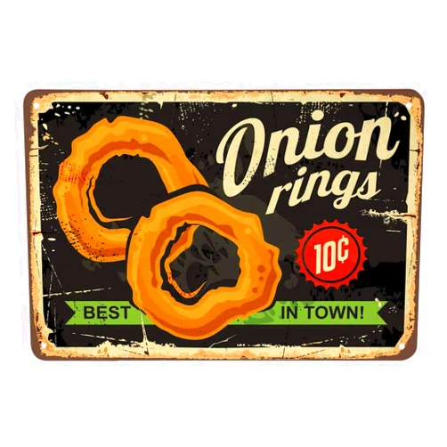 AOYEGO Onion Rings Tin Sign,Restaurant Fast Delicious Food Best In Town Black Vintage Metal Tin Signs for Cafes Bars Pubs Shop Wall Decorative Funny Retro Signs for Men Women 8x12 Inch