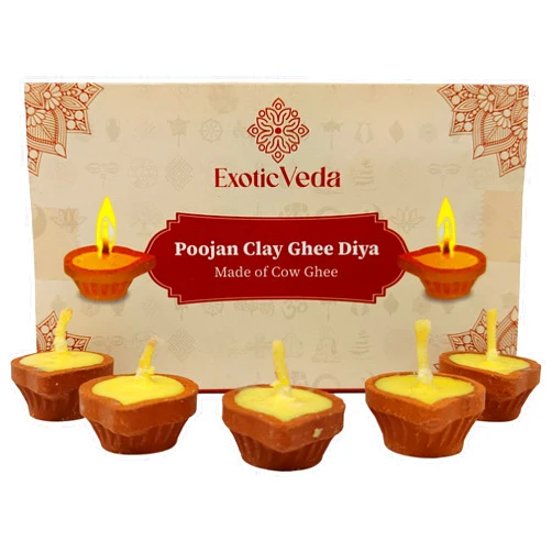 Exotic Veda Handcrafted PUJAN Clay Diya Set of 15 - Eco-Friendly Homemade Diya with Premium Cow Ghee Wick for Spiritual Rituals, and Religious Ceremonies, Meditation.
