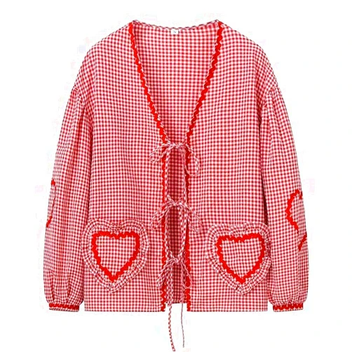 Donloise Women Bow Tie Front Shirt Top Y2K Cute Puff Sleeve Peplum Blouse Coquette Gingham Babydoll Cottagecore Going Out Tops