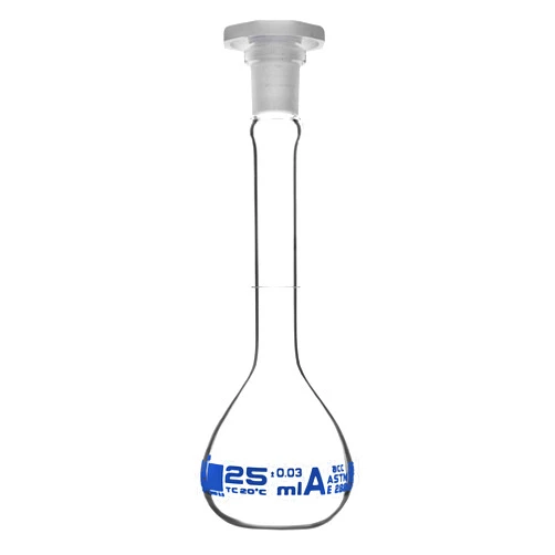 EISCO Volumetric Flask, 25ml - Class A, ASTM - Tolerance ±0.03ml - Polypropylene Stopper - Single, White Graduation - Borosilicate Glass - Eisco Labs
