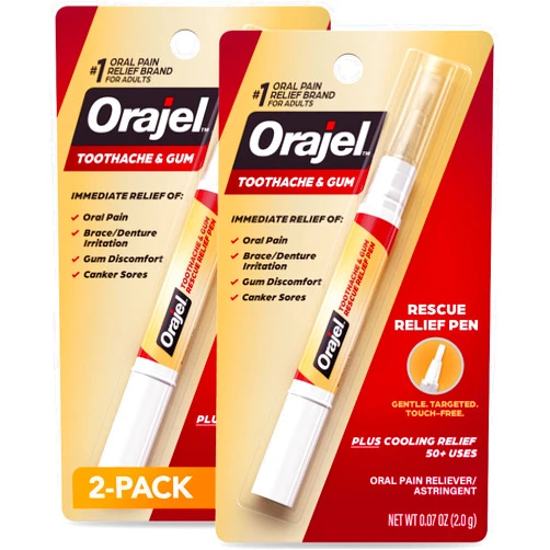 Orajel Rescue Relief Pen with Menthol Cooling Gel for Instant Pain Relief of Tooth & Gum, Mouth Sores, Braces and Denture Irritation, Touch-Free Silicone Applicator, 0.07 oz (2-Pack)