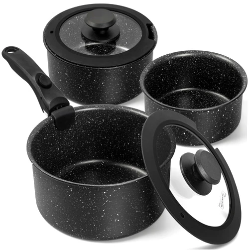 MICHELANGELO Sauce Pan Set, Nonstick 1Qt & 2 Qt & 3Qt Pots with Removable Handles, Non Toxic Saucepan Set with Detachable Handle, Stackable Pot Set for RV Camping, Oven Safe - 6 Piece, Black