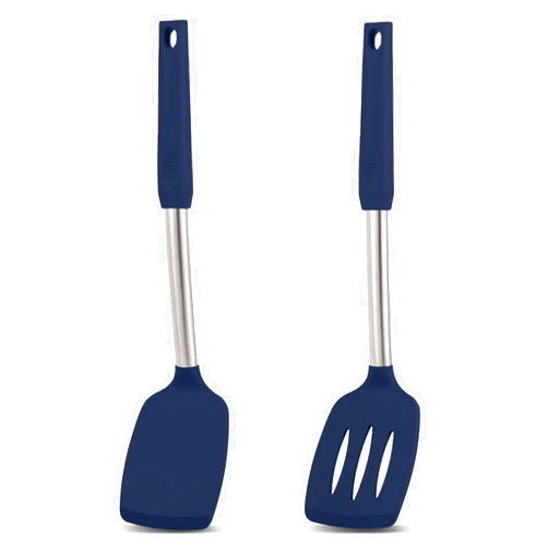 Cooptop Pack of 2 Non Stick Solid & Slotted Silicone Spatula Set, Heat Resistant Silicone Turners for Fish,Eggs,Pancakes (Dark Blue)