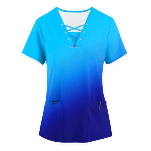 Segaven Scrubs for Women Print Criss Cross V Neck Working T-Shirts Short Sleeve T Shirts Trendy Scrubs Tops with 4 Pockets