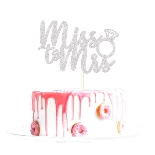 Ephlyn 1Pc Miss to Mrs Cake Topper Silver Glitter Wedding Bridal Shower with Ring Cake Decorations for Bridal Shower Wedding Engagement Bachelorette Party Supplies
