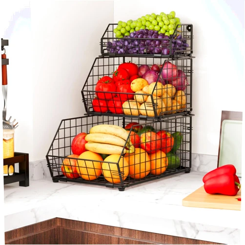 Yuzehuaza 3 Tier Fruit and Vegetable Basket Wall-Mounted & Countertop Organizer for Potato Onion Stackable Wire Baskets for Pantry Kitchen Cabinet for Produce Snack Canned Food Storage, Black