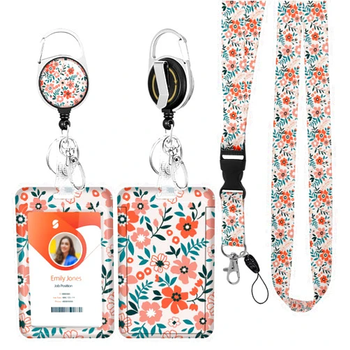 Boutilon ID Badge Holder with Lanyard,Retractable ID Badge Card Holders Detachable Neck Lanyard Strap with Badge Reel and Vertical ID Holder for Nurse Students Teachers Office Staff(Flower Pink)