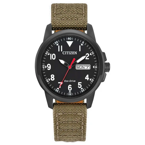 Citizen Men's Eco-Drive Weekender Garrison, Black Stainless Steel Watch, Khaki Leather Strap, 3 Hand, Day/Date (Model: BM8186-07E)