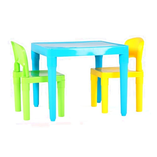 Humble Crew, Aqua Table & Green/Yellow Kids Lightweight Plastic Table and 2 Chairs Set, Square, Toddler