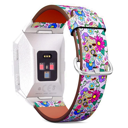 Art-Strap Compatible with Fitbit Ionic Leather Watch Wrist Band Strap Bracelet with Stainless Steel Clasp and Adapters (Festive Sugar Skulls Heart)