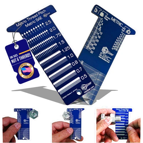 HexSizer - SAE Nut and Bolt Size Gauge Tool & Metric Thread Pitch Checker Set – Compact, Durable Aluminum Gauge for Measuring SAE Hardware, Nuts, Studs, and Bolts - Metric Measurement