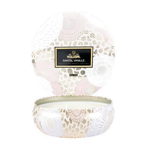 Voluspa Santal Vanille, 3 Wick Tin Candle, 12 oz, 40 Hour Burn Time, All Natural Wicks and Coconut Wax for Clean Burning, Vegan, Poured in the USA