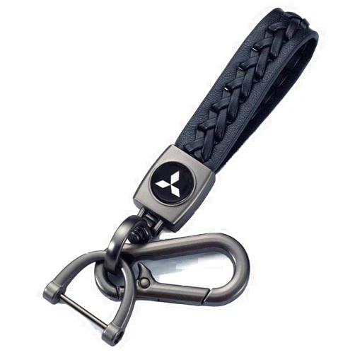 Wasben Black Color Car Logo Keychain Leather Braided Weave Key Lanyard Key Ring Car Accessories (fit mitsubishi)